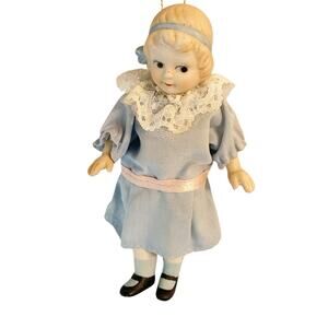 Vintage Bisque Porcelain Girl Doll Ornament 6 Inches Midwest Blue Dress